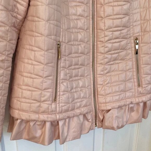 Pink Quilted Jacket with Ruffle Hem Gold Zippers feminine Coquette - Picture 2 of 5